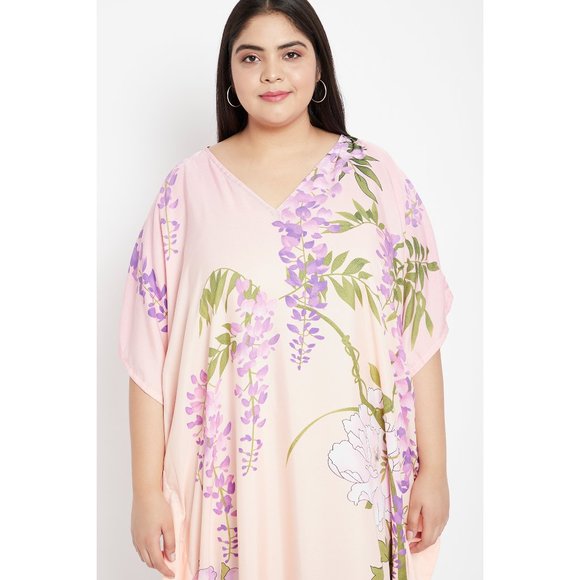 Floral Printed Peach Polyester Plus Size Kaftan Dress for Women by Gypsie Blu - Picture 7 of 9